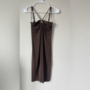 Brown spaghetti strap halter mini dress